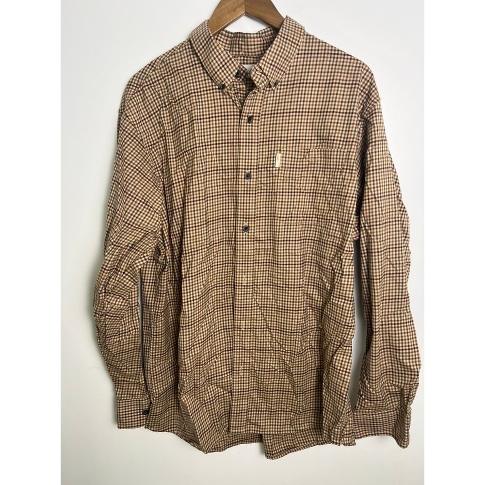 Bob Timberlake Mens XL Plaid Button Down Shirt Brown Tan Micro Check Cotton